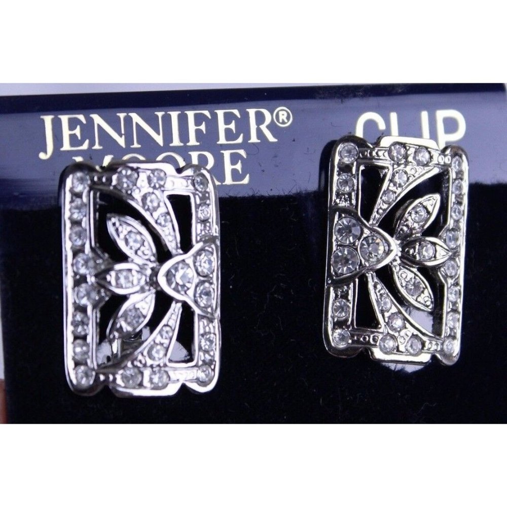 Jennifer Moore Clip On Earrings Silver Tone Retro Vtg Look Appx 1 x .75" Signed